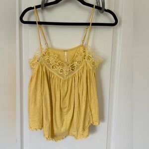 Free People Kayla Flowy Boho Style High-Low Crochet Spaghetti Strap Tank Yellow